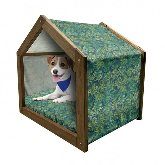 Leaves Pet House, Tropical Foliage in Green Shades Watercolor Style Composition Hawaii Design, Outdoor & Indoor Portable Dog Kennel with Pillow and Cover, 5 Sizes, Green Night Blue, by Ambesonne