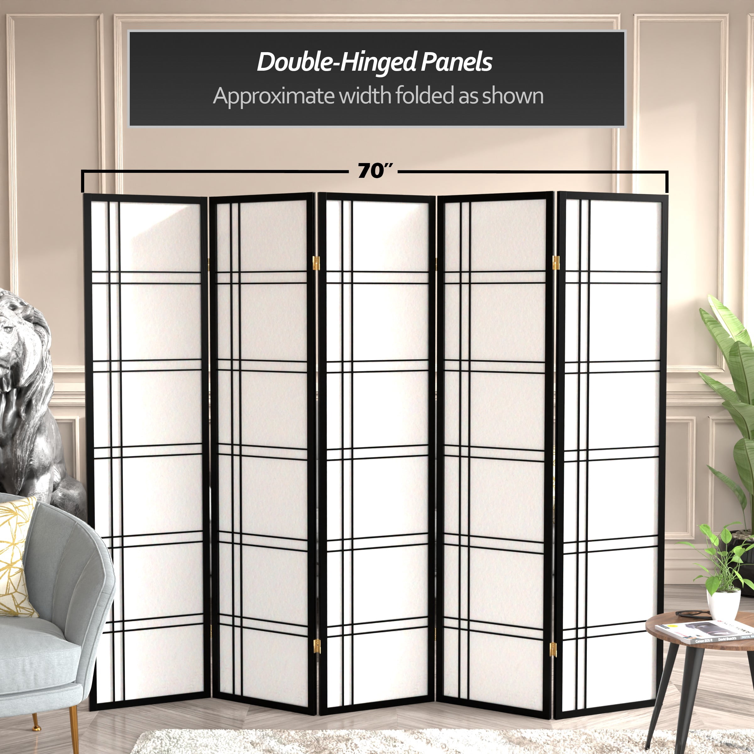 6 ft. Tall Double Cross Shoji Screen - Black - 5 Panels