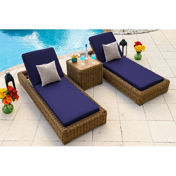 Malmo 3-Piece Resin Wicker Outdoor Patio Furniture Set Two Chaise Lounge Chairs and Side Table (Full-Round Natural Wicker, Sunbrella Canvas Navy)