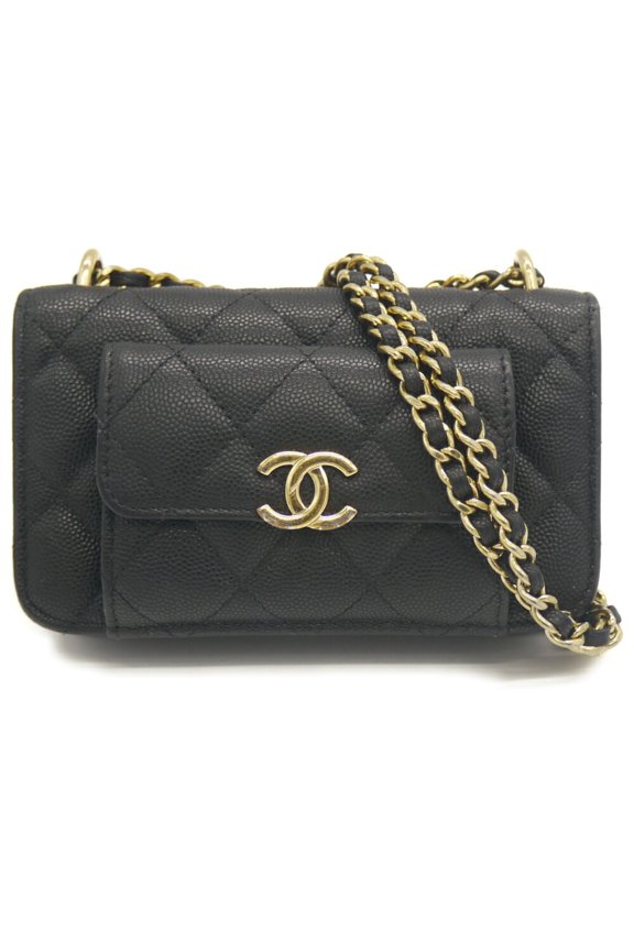 Pre-Owned CHANEL Matelass Chain Clutch Shoulder Bag, Caviar Leather, Coco Mark, Black AP2831