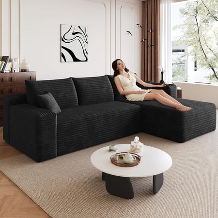 YWEN 94.1" Modular Sectional Sofa, Modern Corduroy Cloud Couch with Side Pockets, Boneless Couch Upholstered 3-Seater L-Shaped Sofa for Living Room, No Assembly Required (Right-Facing Chaise)