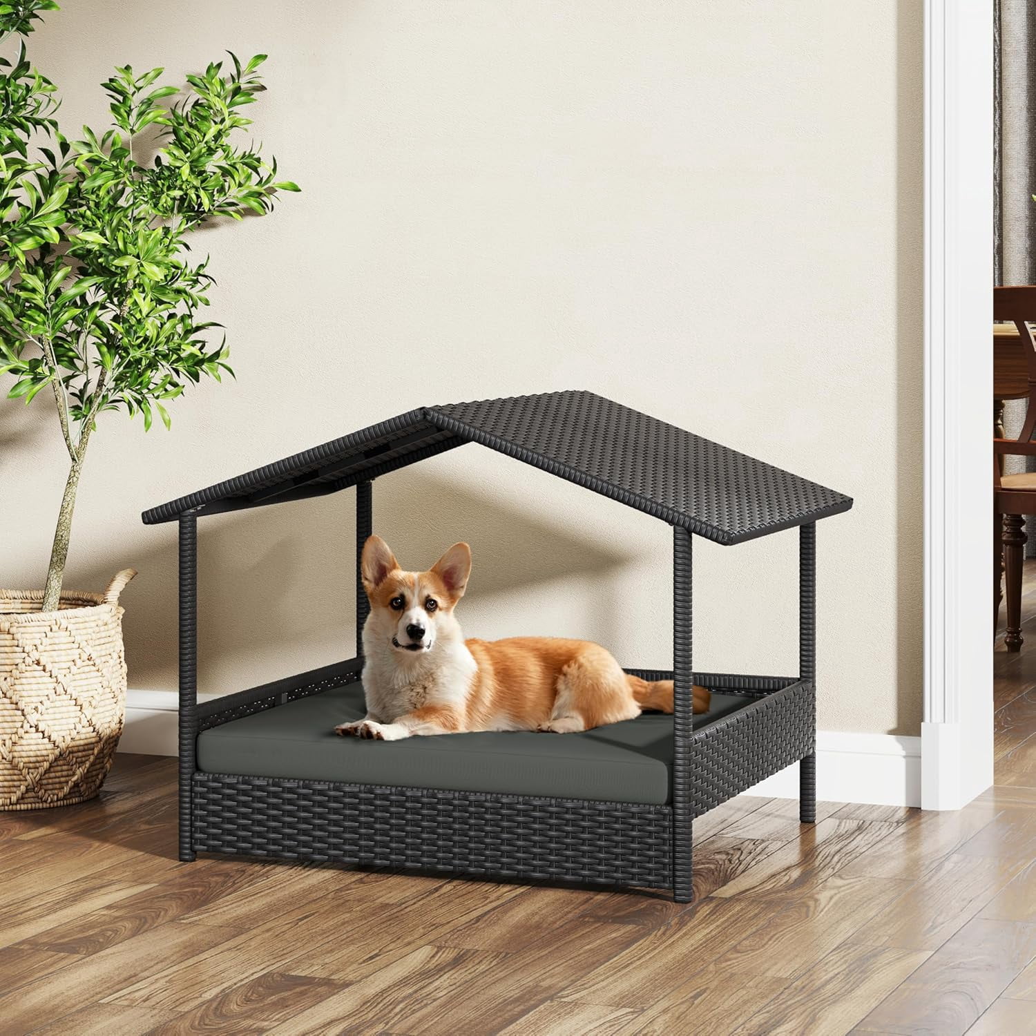 Wicker Dog House Outdoor Indoor with Canopy, Elevated Dog Shelter Dog Bed with Cushion for Small/Medium Dogs, Shade for Deck, Patio, Yard, Pool, Black House, Gray Cushion