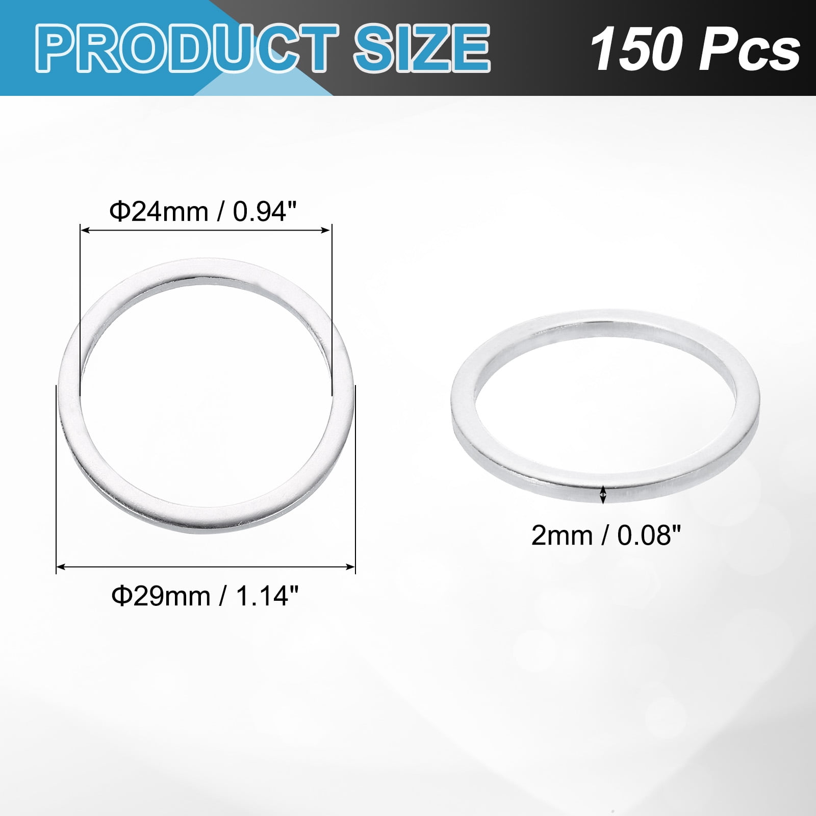 150 Pack Aluminum Flat Washer, 24 x 29 x 2mm Seal Gaskets Flat Ring, Silver