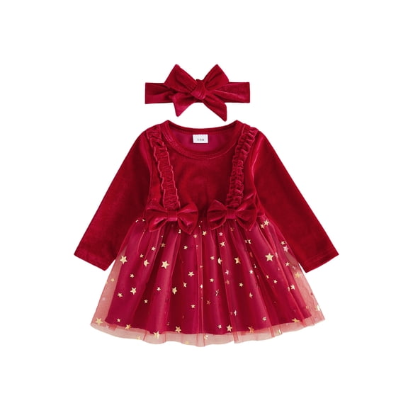 Cjfdfy Newborn Baby Girl Christmas Dress Outfit Star Print Velvet Long Sleeves Tulle Dress With Bow Headband Infant Cute My First Christmas Fall Winter Holiday Dresse Set 0-18M