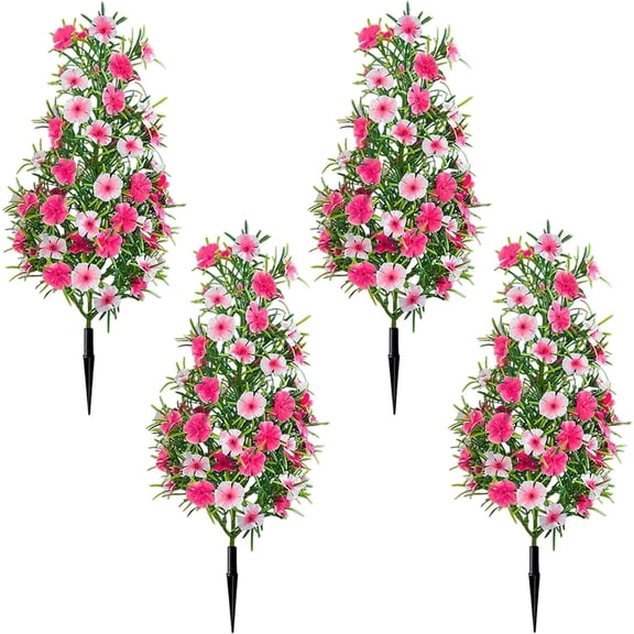 4 Pack 19 Inch Artificial Topiary Trees with Ground Spikes, UV-Resistant Faux Flower Shrubs, Realistic Fake Bushes for Home, Garden, Yard, Porch, and Patio Decor (Pink White)