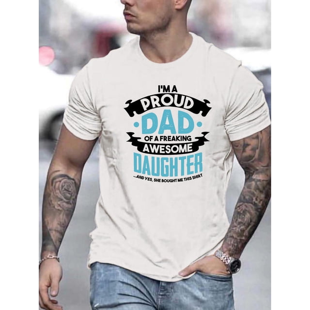 Men's Proud Dad of an Awesome Daughter Printed T-Shirt - Polyester Knit Fabric, Casual Crew Neck Tee with Slight Stretch, Summer Regular Fit Top