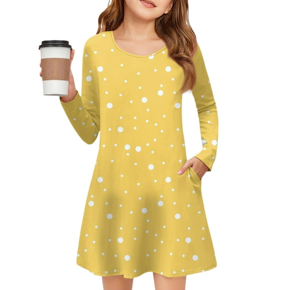 YOUYEDIAN Dresses for Kids Girls Long Sleeve Fall Winter Dress Fashion Crew Neck A-Line Dress With Pockets Yellow 6-7 Years