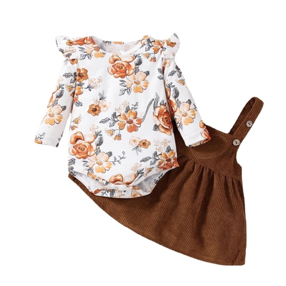 UACY Baby Girl 2 Piece Outfit Floral Long Sleeve Romper and Corduroy Suspender Dress Casual Daily Wear (Orange, 0-3 Months)