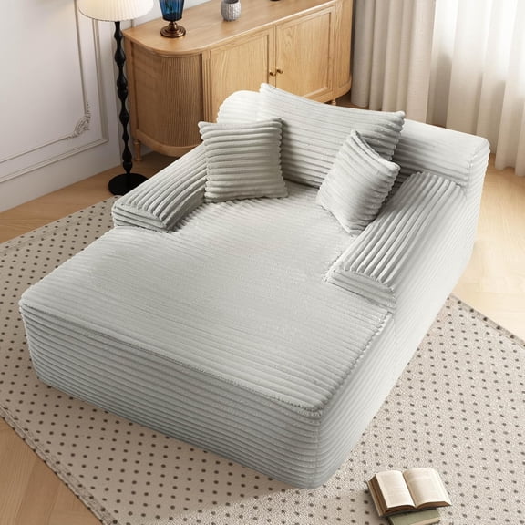 66'' Chaise Lounge Chair Indoor, White Plush Corduroy Cloud Couch, Fluffy Oversized Sofa Bed for Bedroom Living Room, Comfy Boneless Reading Longue Chair Sleeper Sofa No Assembly