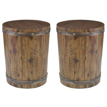 Home Square 19" Round Wine Barrel Accent End Table in Walnut - Set of 2
