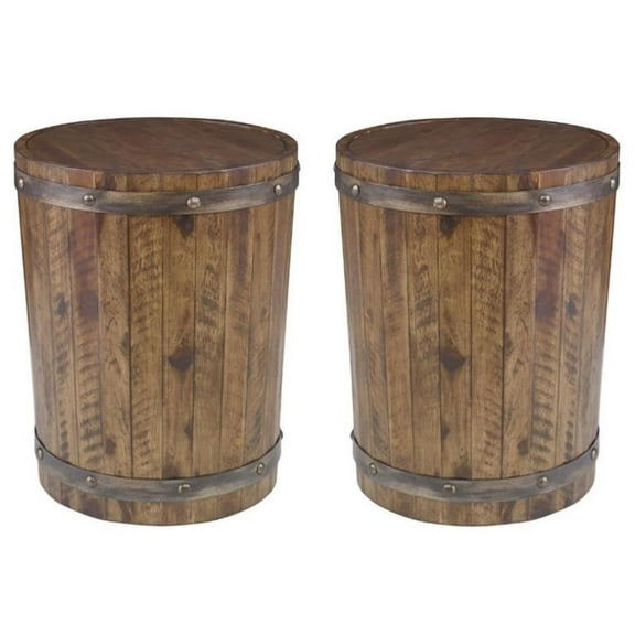Home Square 19" Round Wine Barrel Accent End Table in Walnut - Set of 2