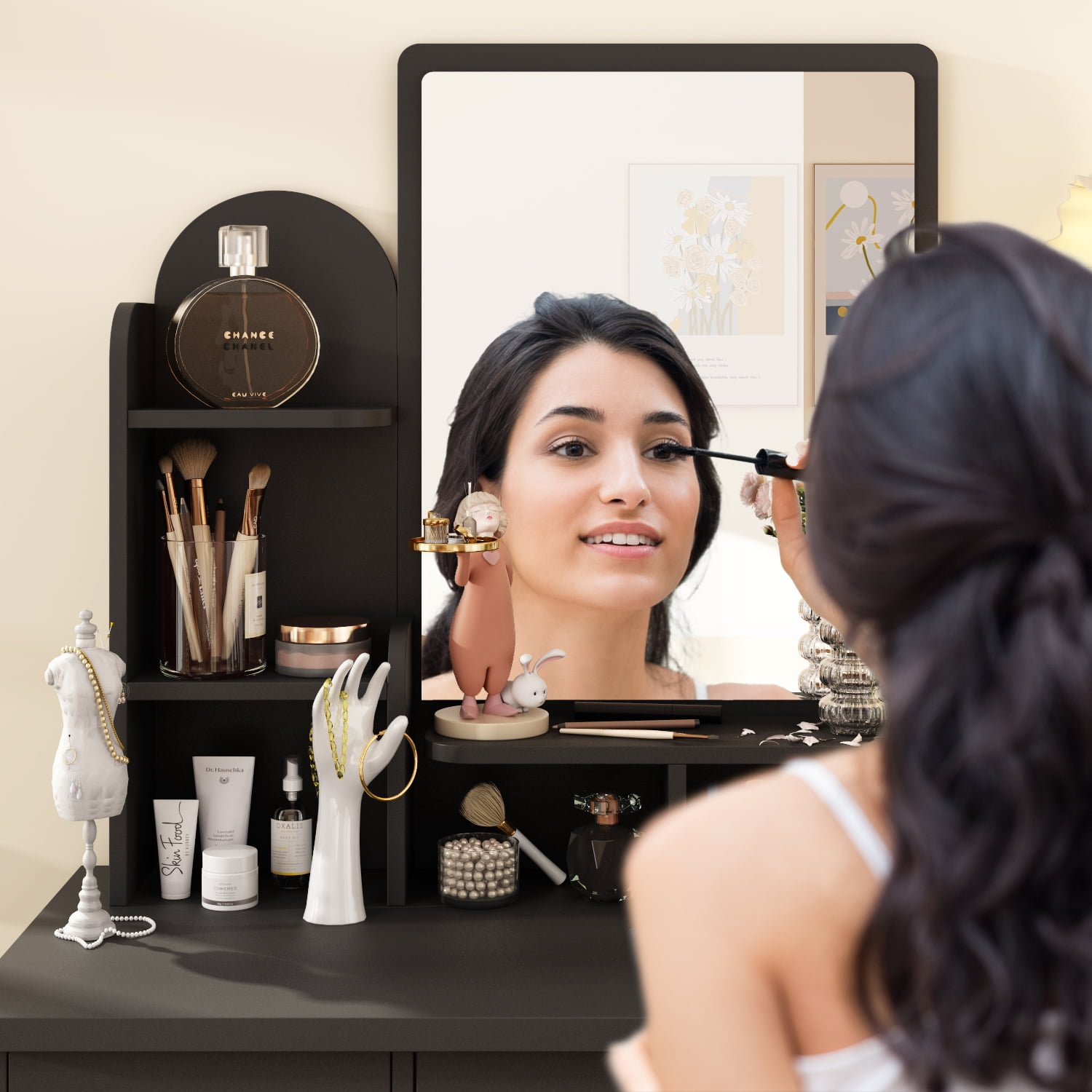 KULAGAGA Makeup Table with Mirror, Vanity Drssing Table with Drawers for Bedroom Black