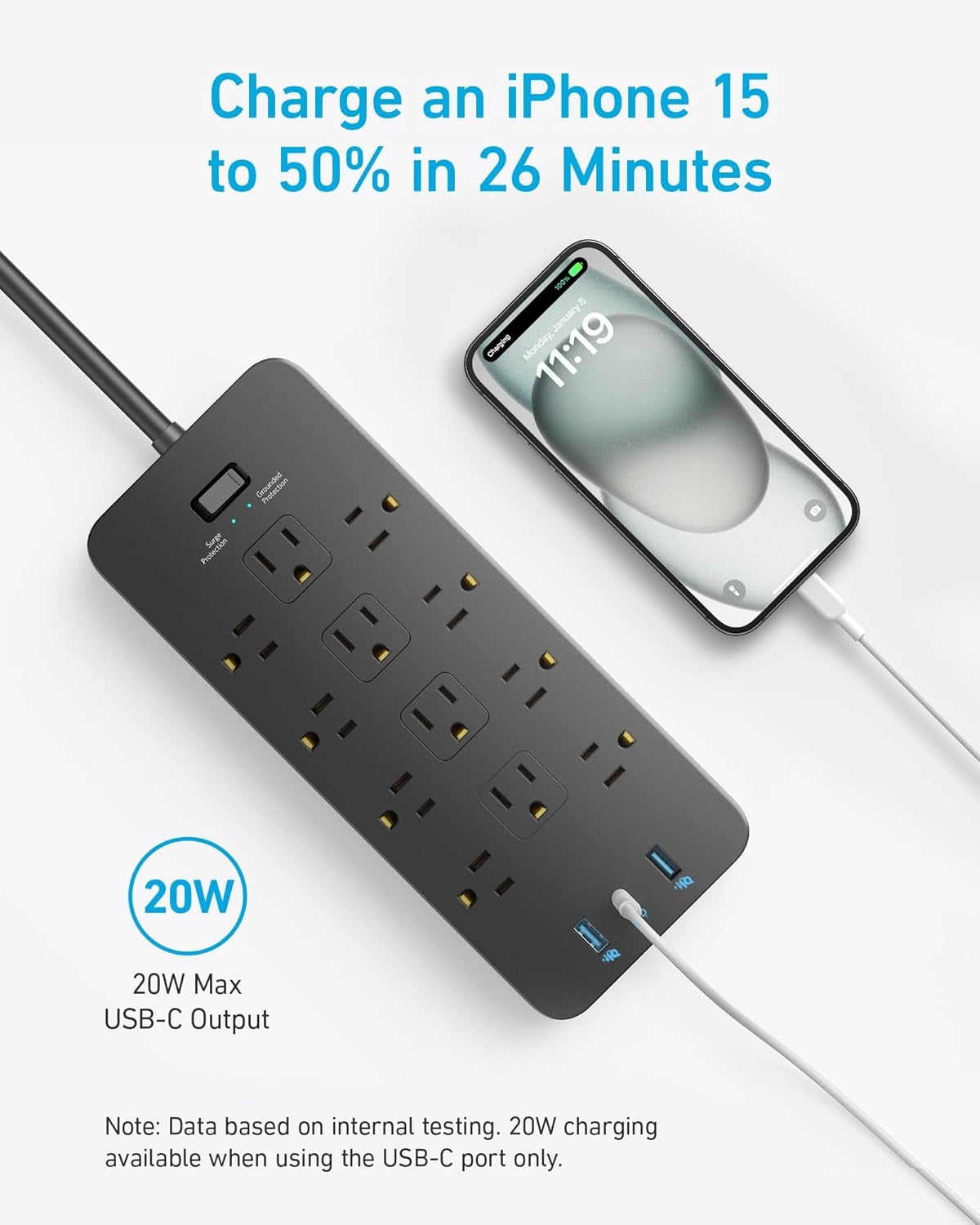 Surge Protector Power Strip (2100J), 12 Outlets with 1 USB C and 2 USB Ports ,  Extension Cord, Flat Plug, 20W USB C Charging for Home, Office,TUV Listed