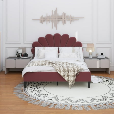 Queen Size Upholstered Platform Bed with Flower Pattern Velvet Headboard, Bean Paste Red