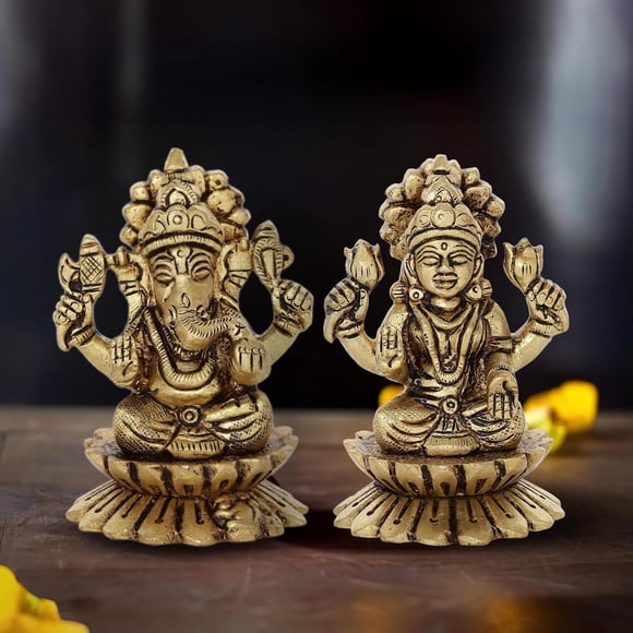 100 % Laiton Pur Kamal Ganesh & Lakshmi Idol Combo, Seigneur Ganesh, Déesse Lakshmi Assis sur Lotus - 8 cm, pour Chambre Pooja, Décoration Intérieure, Religieux, Occasion Spéciale, Fabriqué en Inde - 2 Pcs