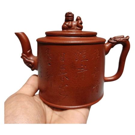 Vintage Yixing Teapot Oriental Lovely Handcrafted Carved Sculpted Engraved Detailed Cylindrical Dragon Lion Bamboo Calligraphic
