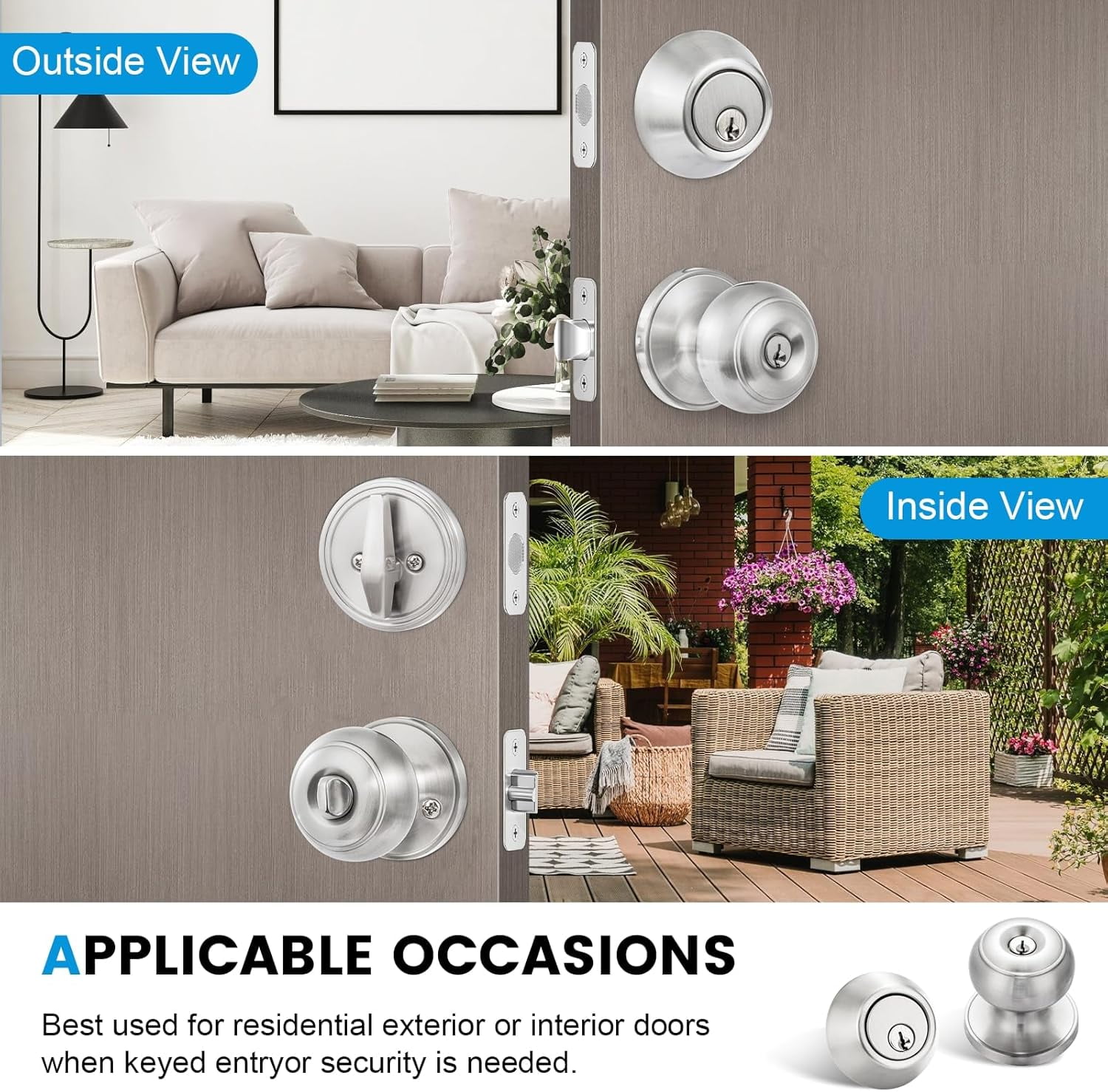 3 Pack Entry Door Lock and Single Cylinder Deadbolt Combo Set, Keyed Alike Satin Nickel Exterior Door Knobs with Lock&Keys, Round Ball Door Locksets with Deadbolt for Entrance and Front Door