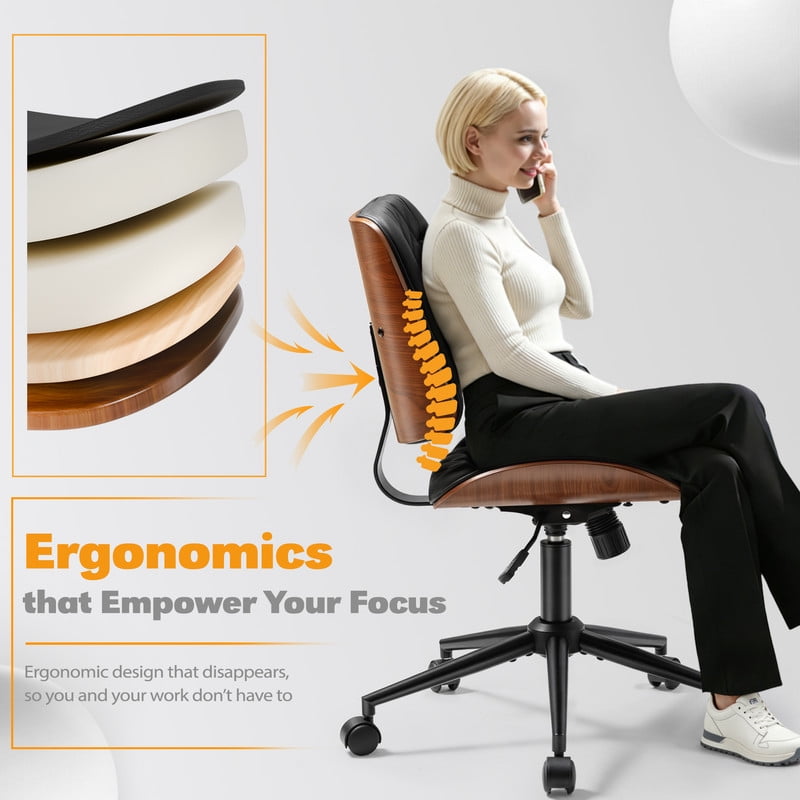 Homall Armless Office Chair, Curved Wood Accent Desk Chair with Adjustable Height, PU Task Chair for for Small Spaces, Black