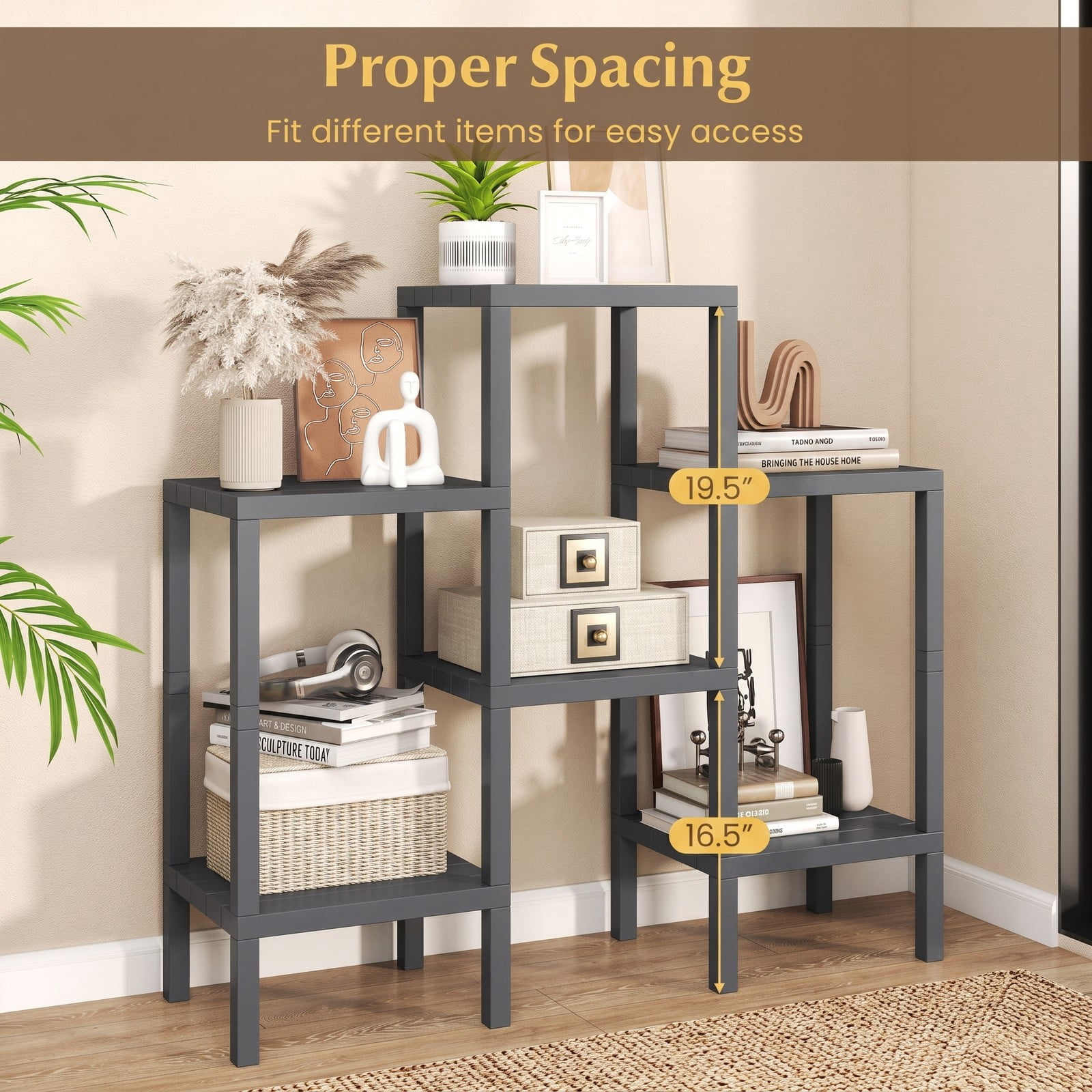 Biotree 6-Tier Plastic Modular Storage Shelves, Freestanding Open Shelving Rack Organizer for Living Room, Kitchen, Bathroom and Garage, Tool-Free Assembly, Gray