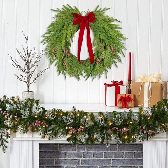 16-Inch Christmas Wreath with Red Bow, Realistic Cedar Greenery, Farmhouse Indoor & Outdoor Front Door Wall Holiday Decoration