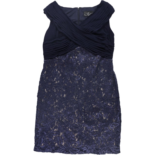 Alex Evenings Womens Lace Crossover Sheath Cocktail Dress, Blue, Plus Size, 14W