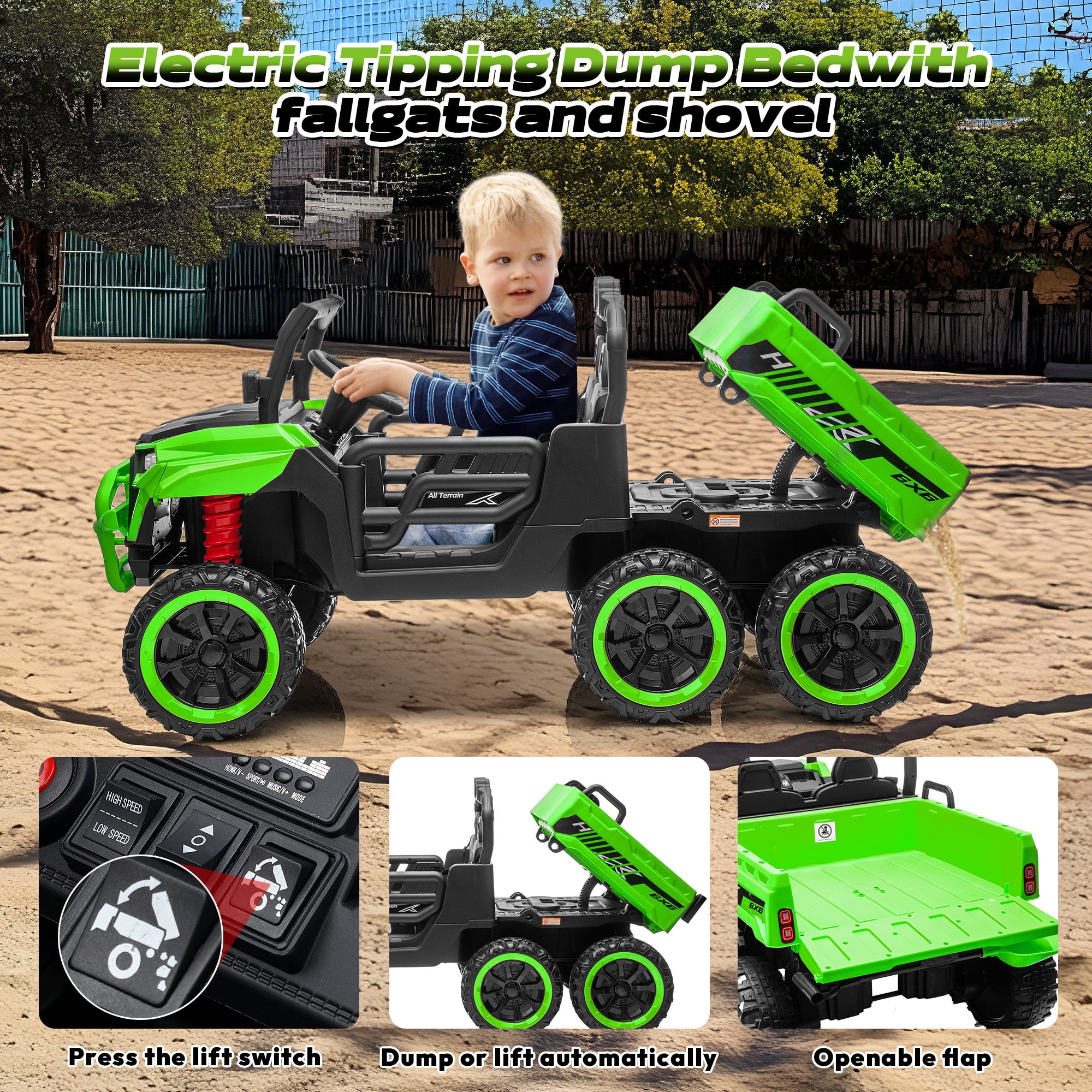 Letsgokid 24V 2-Seater Ride On Dump Truck with Remote Control, 4WD 6-Wheel Electric Car for Big Kids with Electric Dump Bed, 20in Seat, 400W Powerful Motor, LED Lights, Music, Ages 3+