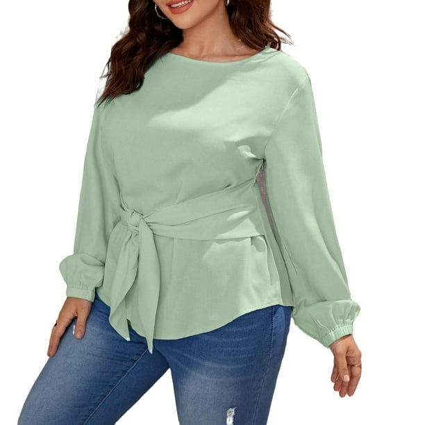 Elegant Round Neck Top Long Sleeve Mint Green Plus Size Blouses (Women