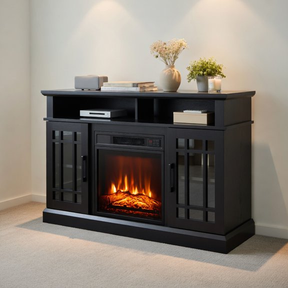 Yardi Yard Entertainment Centers,TV Stands,48 Inch Electric Fireplace TV Stand with Cabinets for TVs Up to 55 Inch-Black