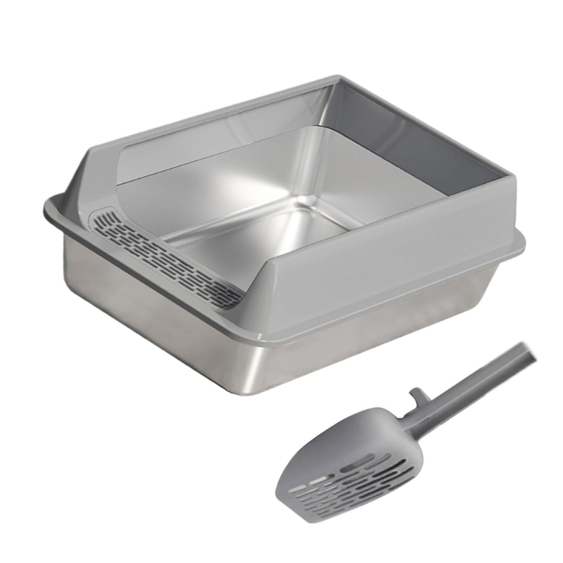 Yiran Medium Size Stainless Steel Semi Enclosed Cat Litter Box, Khaki