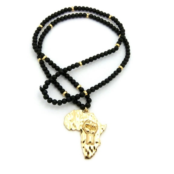 Power Fist on Africa Pendant w/6mm 30" Black Wood Bead Color Disc Necklace, Gold-Tone