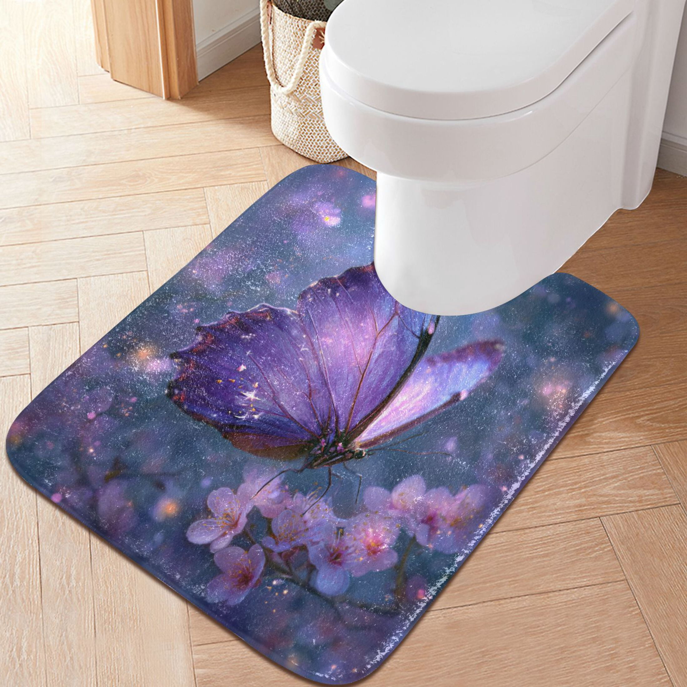 Wobogo Sakura Purple Butterfly U-Shaped Toilet Bath Mat Set Super Soft Absorbent Quick Dry Memory Foam Non Slip Bathroom Rugs for Tub Shower and Single Sink