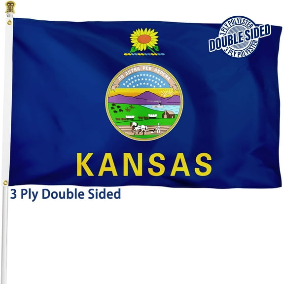 Kansas State Flag 3x5 ft Double Sided, Durable Polyester, KS Flag with Vibrant Print/4 Rows Hemming/Brass Grommets