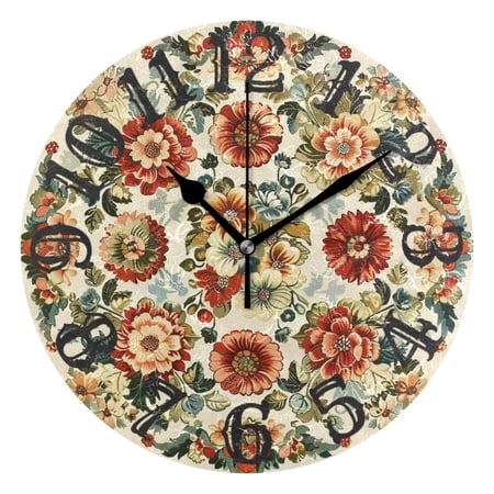 Vintage Medallion Floral Flowers Wall Clock 10 inch Non-Ticking Easy to Read Decorative Clocks for Home Bedroom Living Room