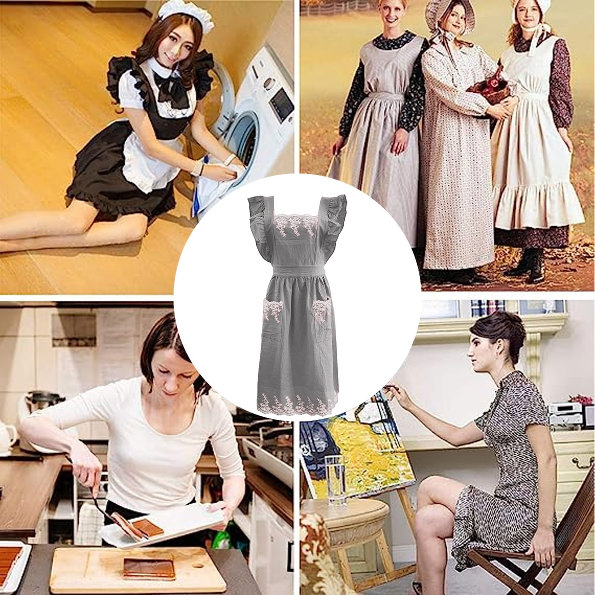 Vintage Cute Maid Ruffle Apron For Women Girls Apron Pinafore With Two Pockets, Kitchen Gift - grey