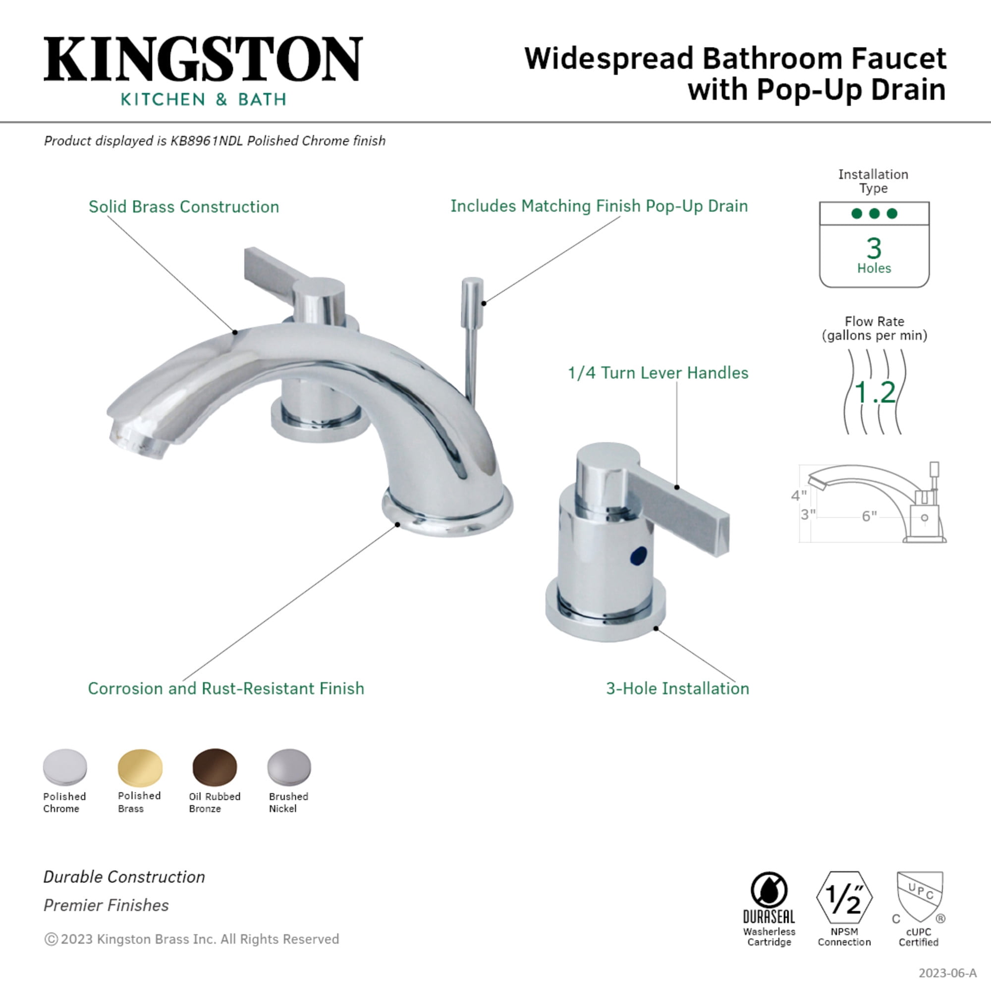 Kingston Brass KB8965NDL NuvoFusion Two-Handle 3-Hole Deck Mount Widespread Bathroom Faucet with Pop-Up Drain in Oil Rubbed Bronze