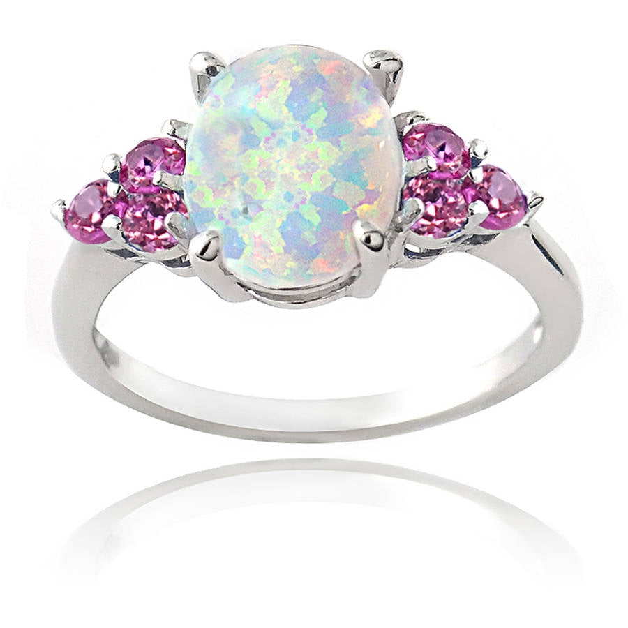 Large Oval Cut Pink Fire Opal White Sapphire Sterling Silver Ring Size 3-12 
