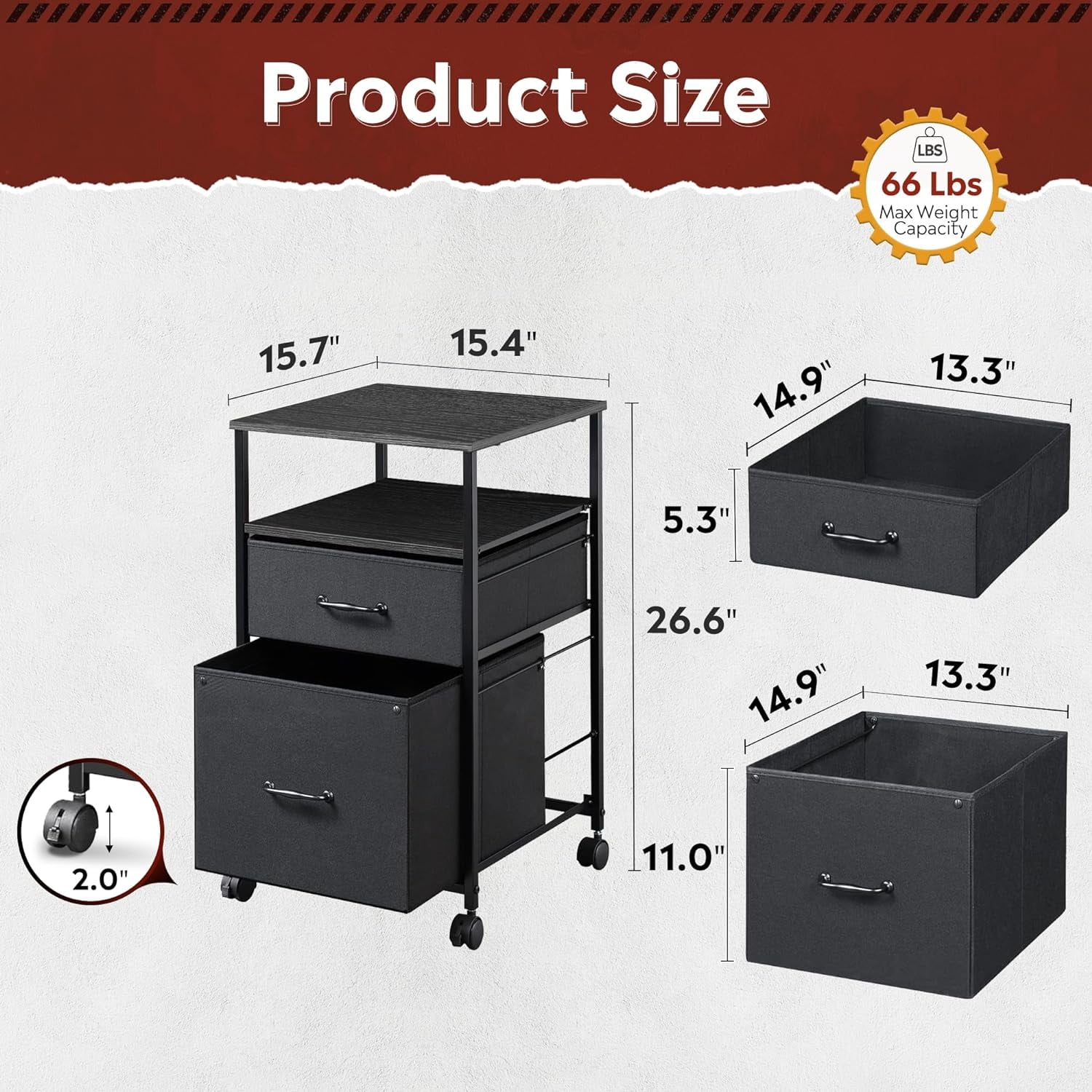 2 Drawer Mobile File Cabinet, Rolling Printer Stand with Open Storage Shelf, Fabric Vertical Filing Cabinet fits A4 or Letter Size for Home Office
