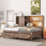 Twin Daybed With Storage Drawers & Side Bookcase - Solid Wood Platform Bed, Cork Board, USB Ports, Antique Wood