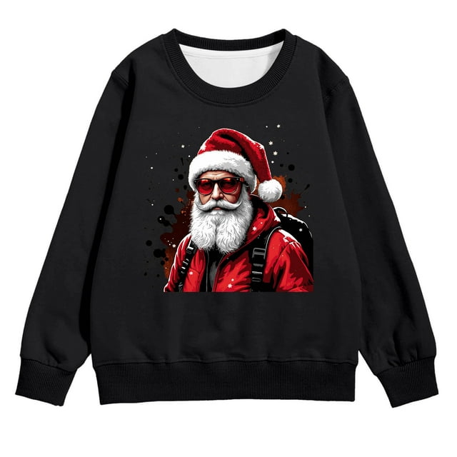 PMVFHDE Chandail à Capuchon et Chandails en Molleton pour Filles Imprimé Manches Longues Col Rond avec Poche Chandail Confortable Doux Décontracté pour Enfants Saison des Fêtes Noir, 5-6 Ans