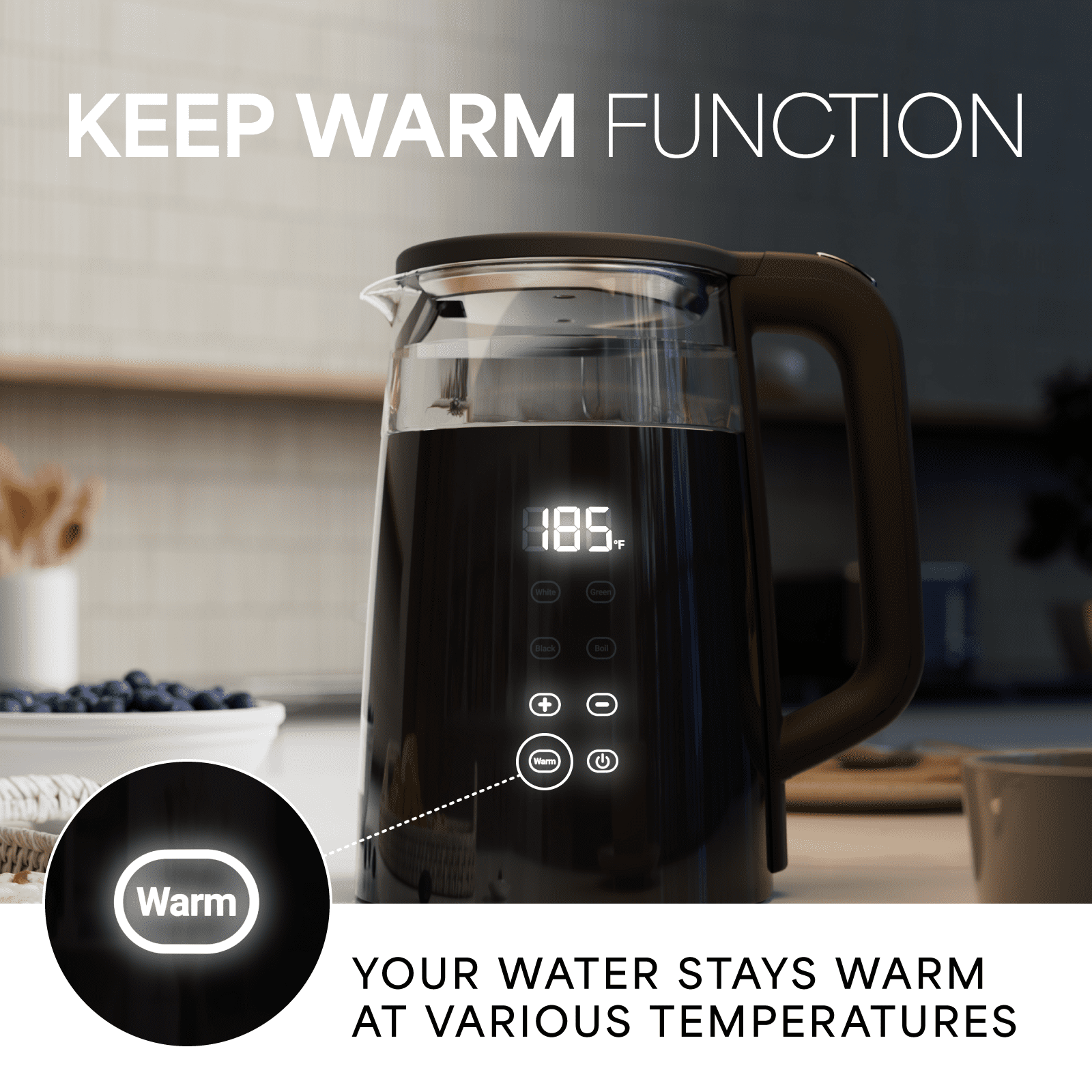 Ophanie 1500W Fast Boiling Electric Kettle,Teapot With Keep Warm Function, 1.7Liter Hot Water Boiler Heater Pot automatic shut off,Digital Display Temperature Control,Glass