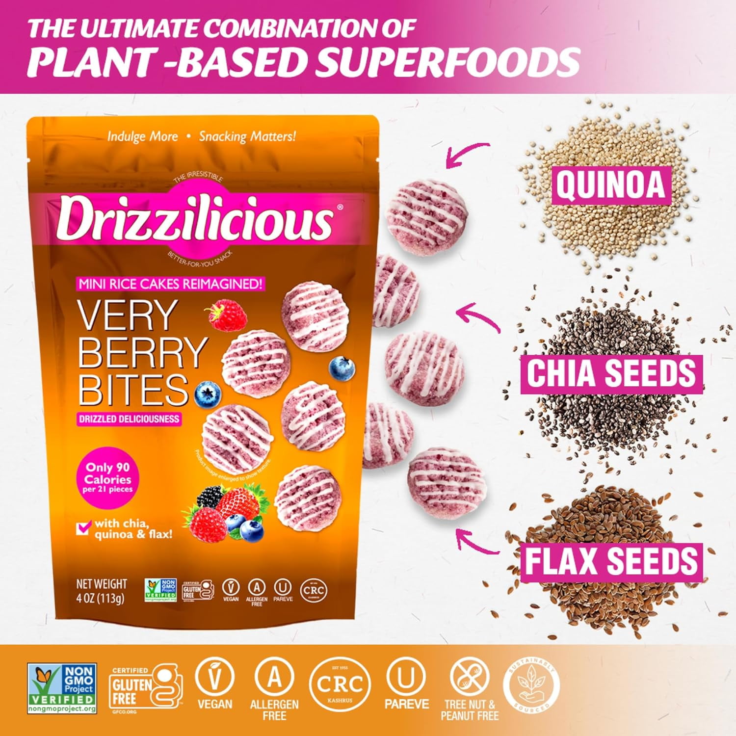 Drizzilicious Mini Rice Cakes, Very Berry Flavored Rice Cake Gluten Free Snacks, Rice Crisps 2-Pack