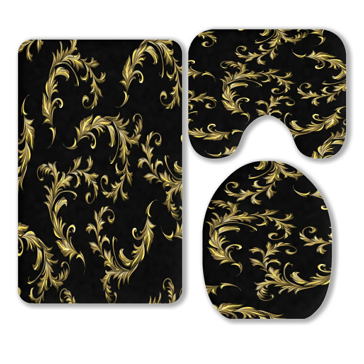 ABPHQTO Baroque Gold Scrolls Black 3 Piece Bathroom Rugs
