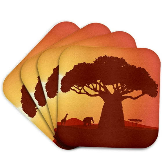 3drose, African Savanna with Sunset and Elephant and Giraffe, Set of 4 Coasters - Soft