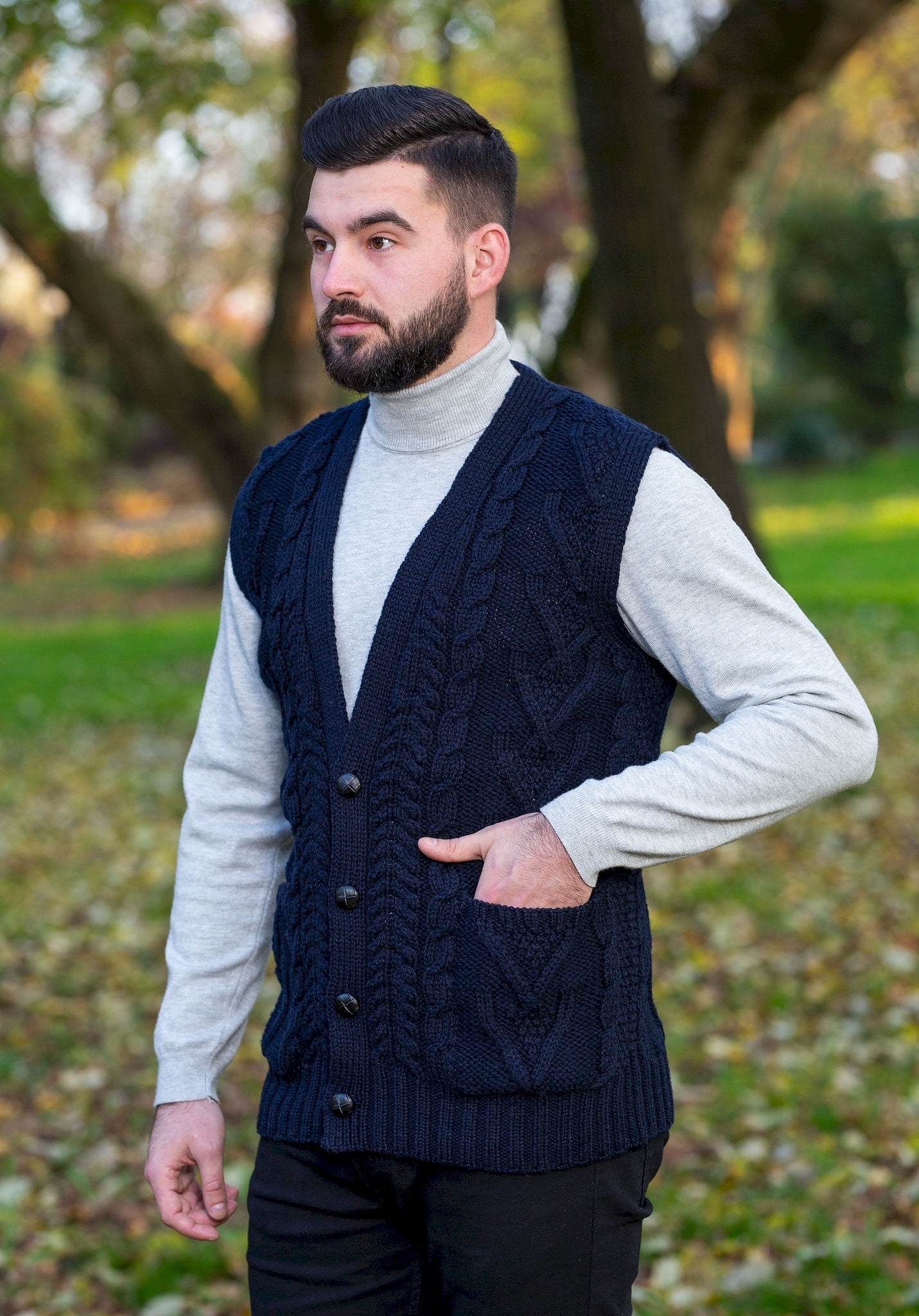SAOL Men's 100% Merino Wool Sweater Vest Aran Irish V-Neck Cable Knit  Sleeveless Cardigan with Buttons and Pockets