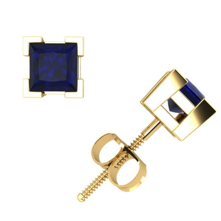 Cut Blue Sapphire Earrings - 0.50Ct Princess Cut Blue Sapphire Basket Stud Earrings 14k Yellow Gold V-Prong AA Quality