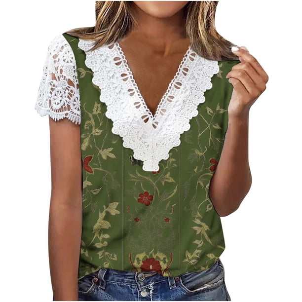 V Cuello Manga Corta Tops para las Mujeres de la Moda Pliegue Impreso Botón Regular Superior, Tops de Verano de las Mujeres V Cuello Poliéster de la Fiesta Casual