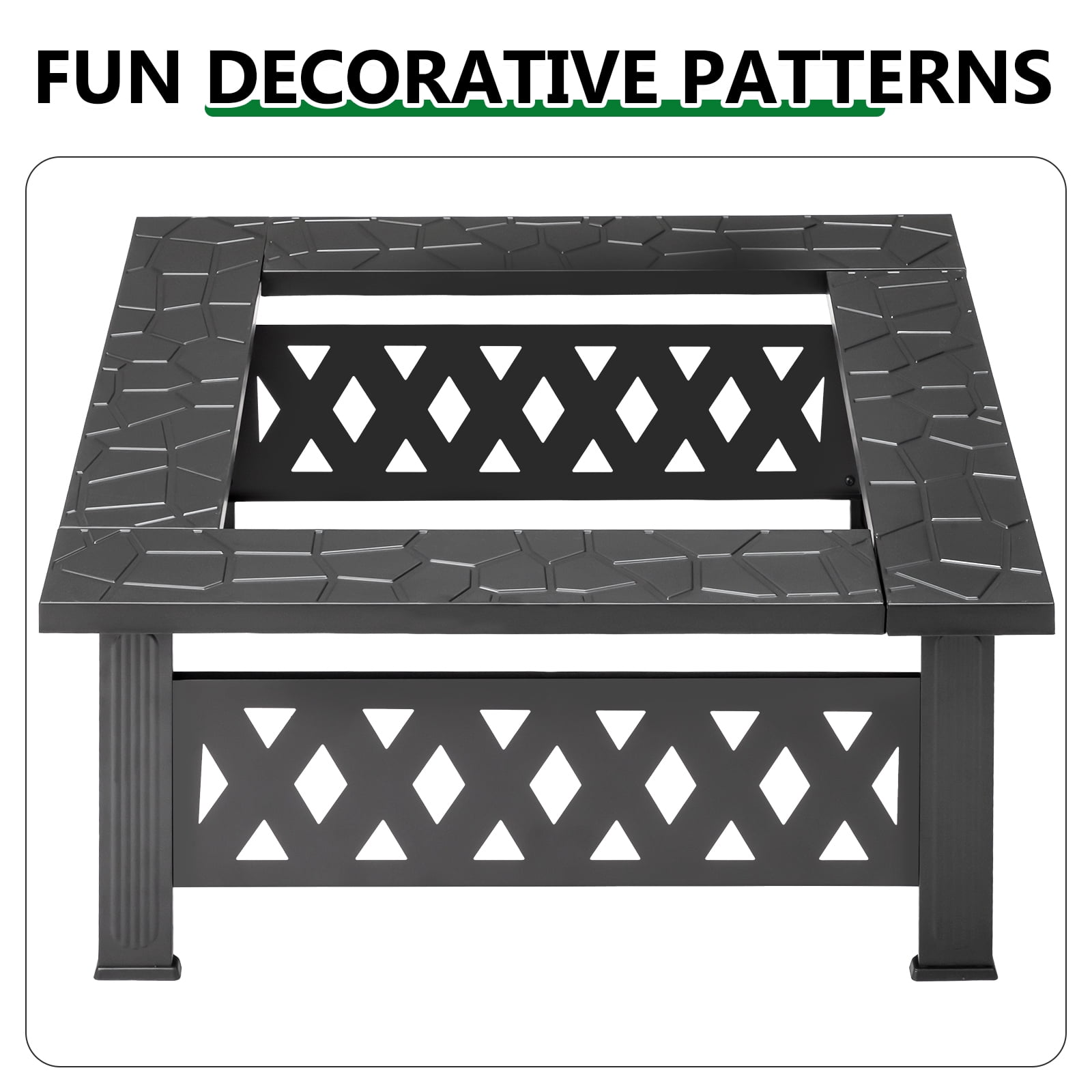 32 Inch Square Outdoor Wood Burning Fire Pit Table, Heavy Duty Wrought Iron Firepit with Pyramid Spark Screen Lid & Fire Poker, Decorative Diamond Cutout Patio Fire Pit for Backyard, Garden, Lawn