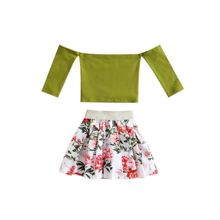 

Qtinghua 2PCS Toddler Baby Girls Summer Clothes Off Shoulder Long Sleeve Tops+Floral Skirt Set