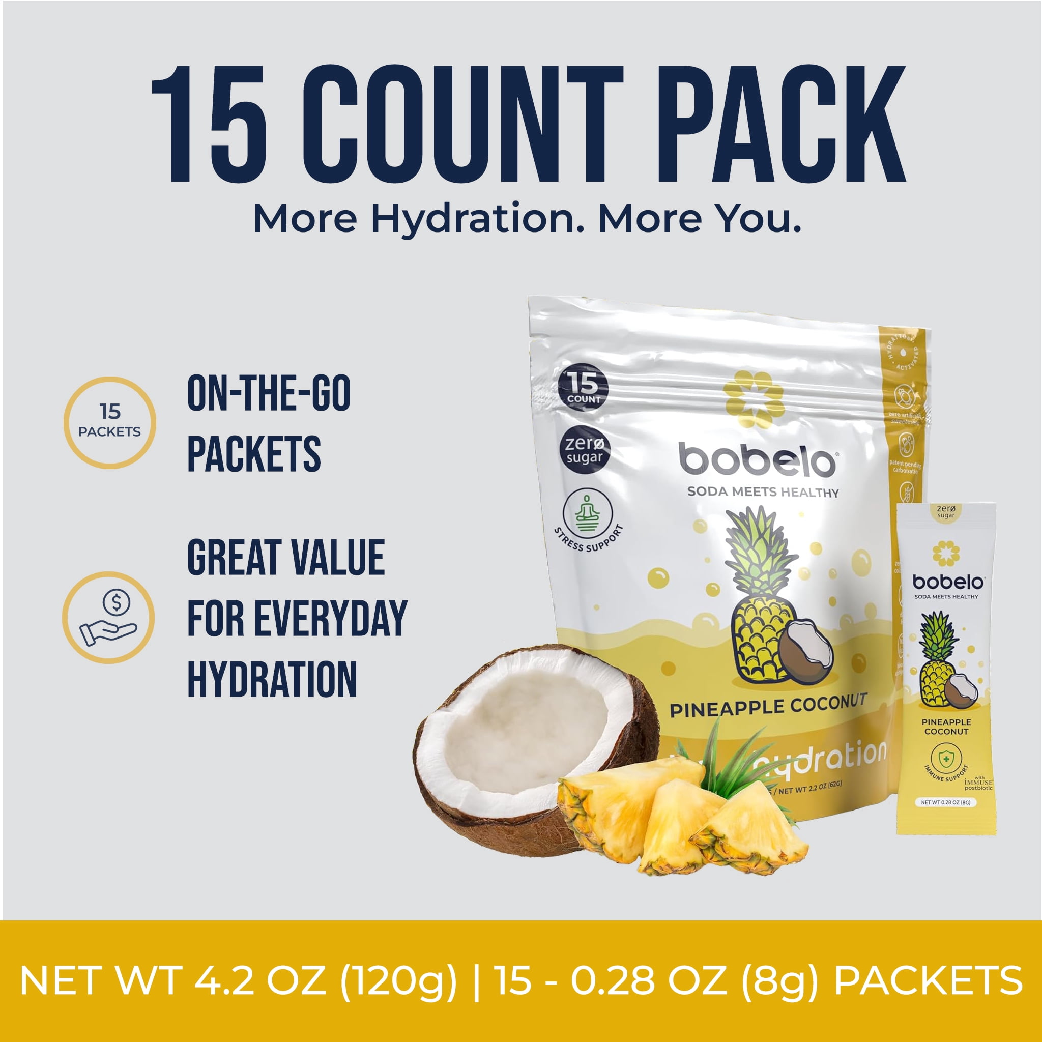 Bobelo Hydration Drink Mix, Pineapple Coconut, Electrolyte Powder, Stress Support, 15 Ct, 0.28 oz