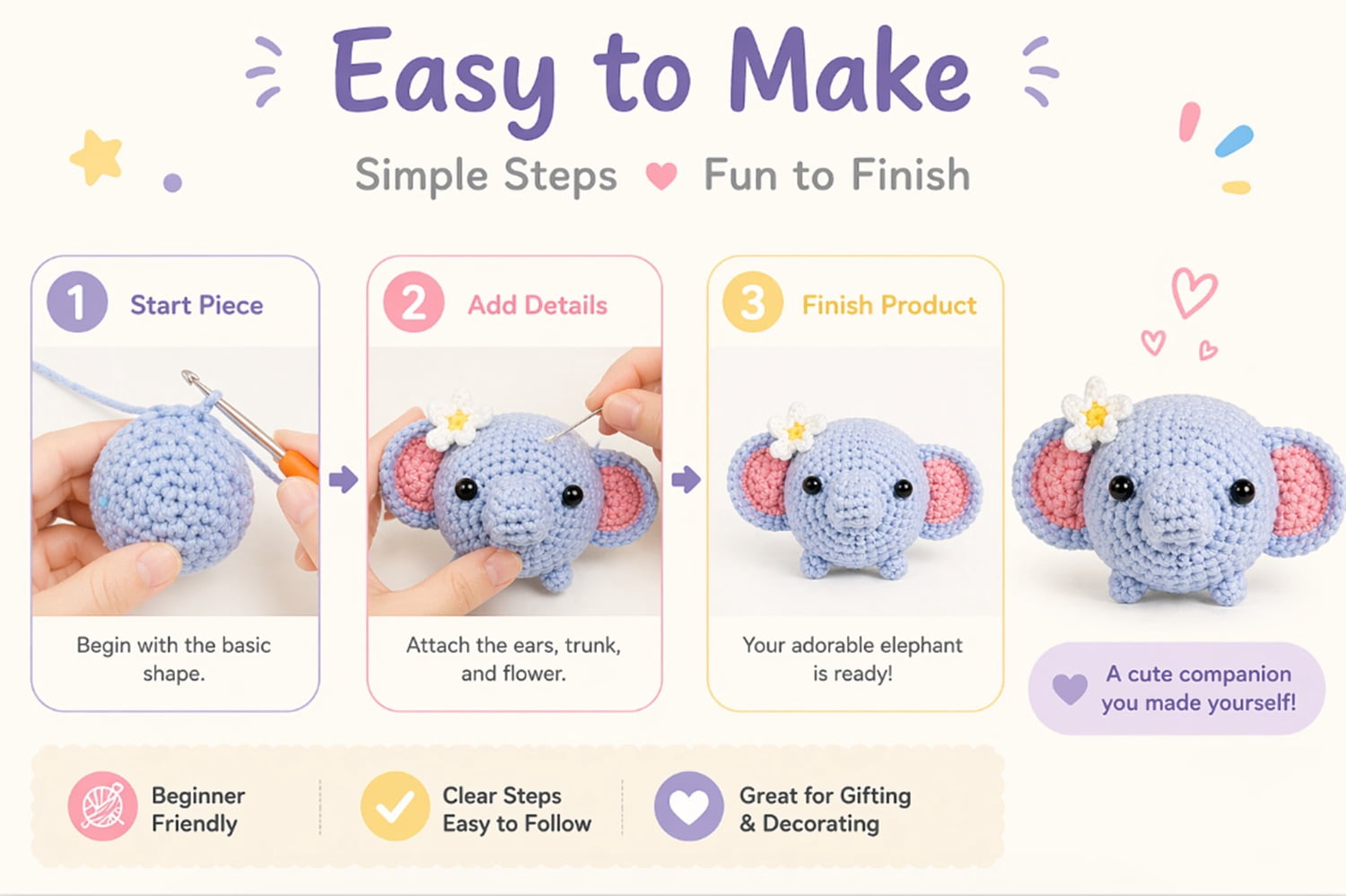 Elephant Crochet Kit for Beginners, 1 Pack Amigurumi Starter Set with Step by Step Video Tutorial, TIKA